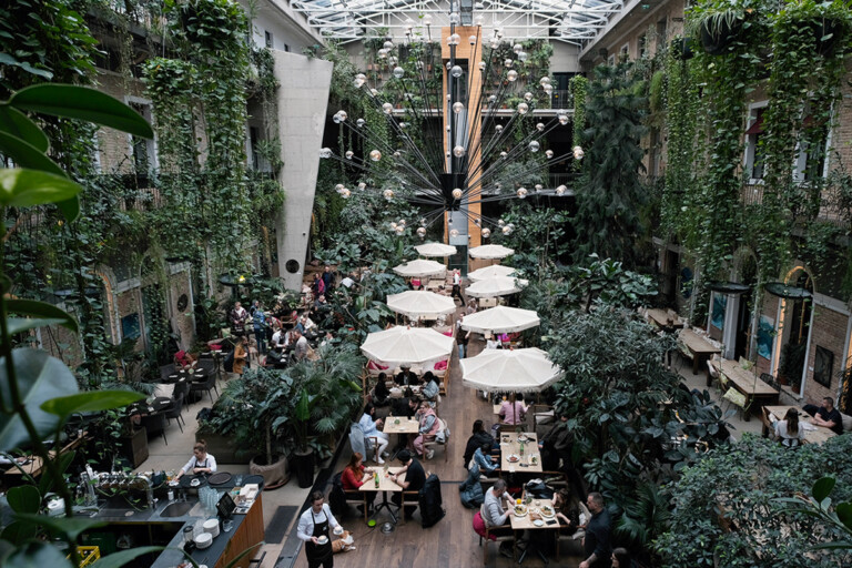 布達佩斯,植物系餐廳,陽光灑落在滿室綠意的透明屋頂下